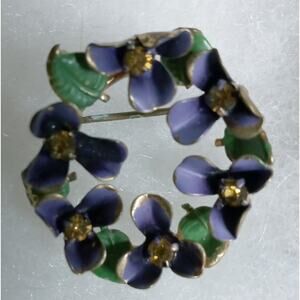 AUSTRIA  Enamel Purple Yellow Wreath of Violets  Flower Brooch Vintage Signed